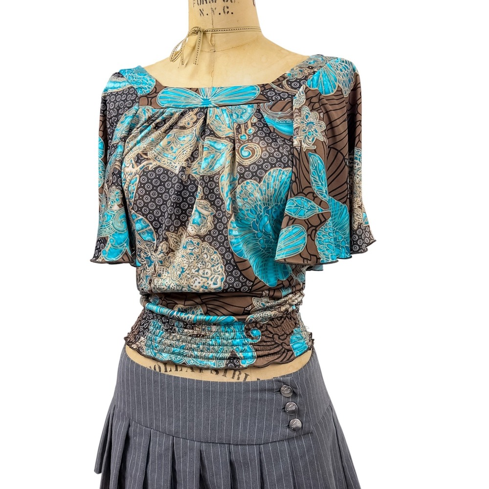 Y2K Wide Butterfly Sleeve Top Smocked Waist Retro Eclectic Fairy Teal Blouse XS